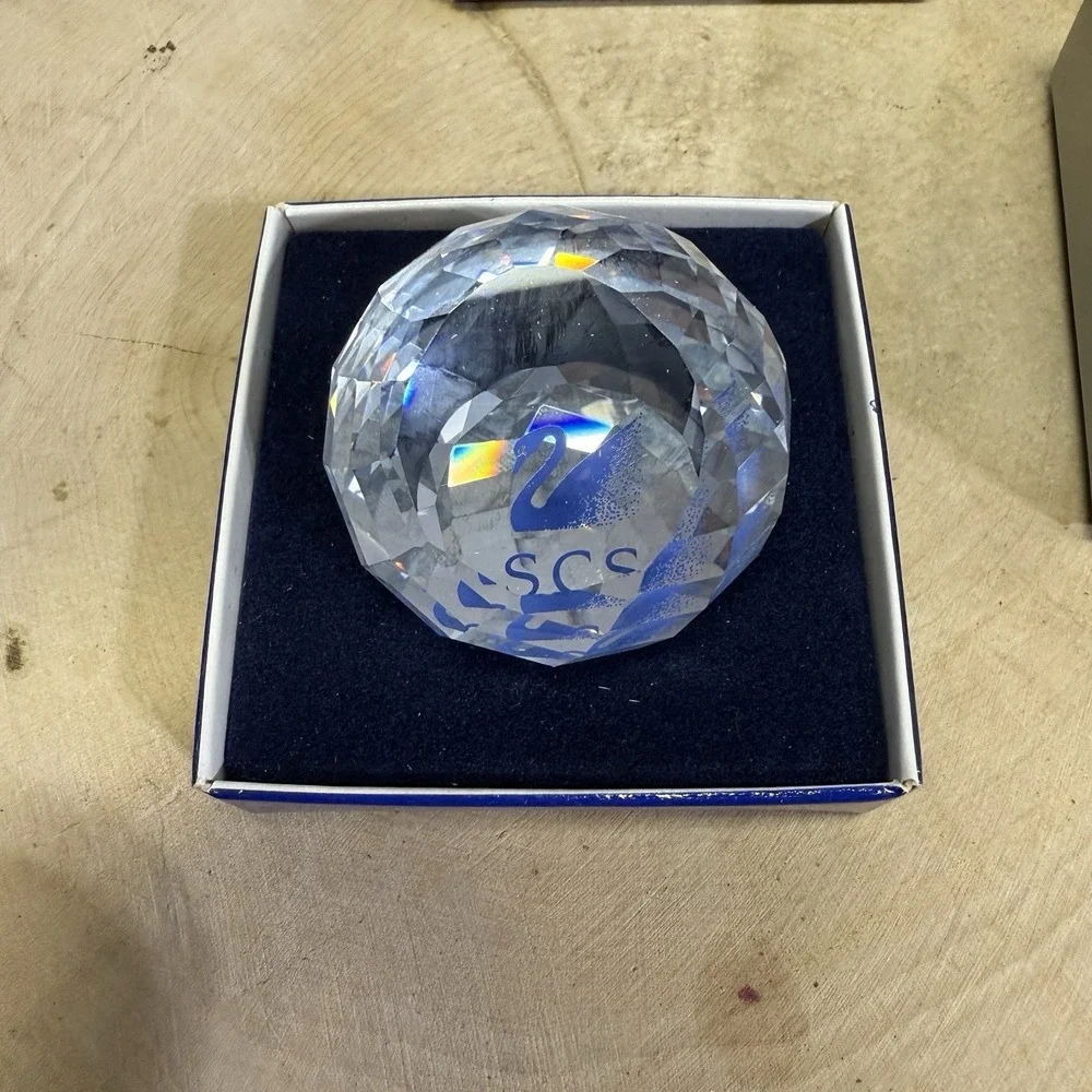 Swarovski SCS Crystal Paperweight Blue Swan Logo Faceted 2